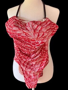 Robin Piccone One Piece Swimsuit Red White Floral Halter Braided Strap